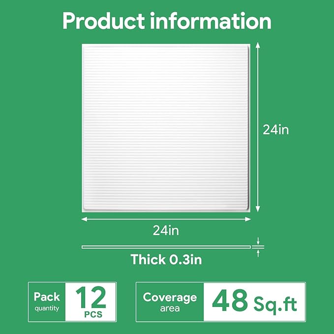 12 PCS 2ft x 2ft PVC White Slat Decorative Ceiling Tiles, Fluted Drop Ceiling