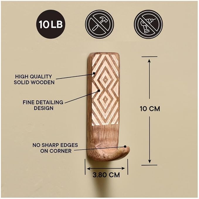 IndianShelf 10 LB- 6 Pieces Decorative Wood Adhesive Wall Hooks–Boho Peel and