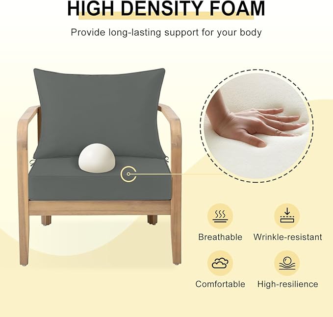 downluxe Outdoor Chair Cushions 24x24 with Removable Cover, Waterproof Patio Furniture Cushions, Deep Seat Cushions for Outdoor Furniture with Backrest for Sofa, Couch and Patio Chairs, Dark Grey