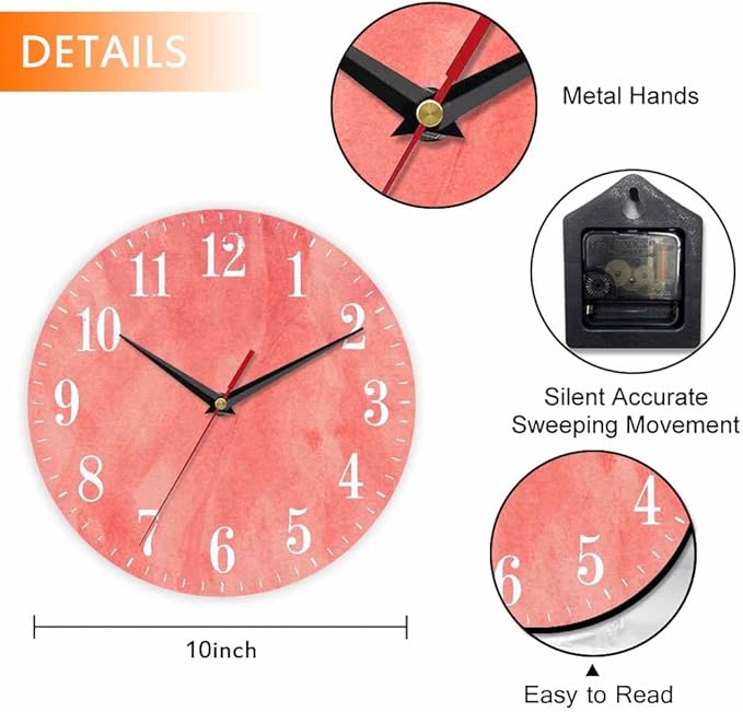 Mxocom Coral Red Wall Clock Magenta Pastel Artistic 10 Inch Silent Non Ticking