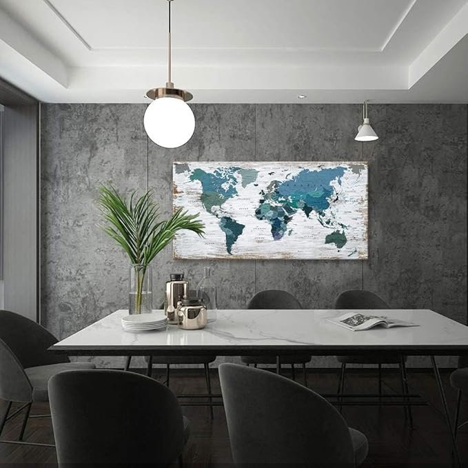 lagre Teal Decor 36inchx71inch World Map Canvas Wall Art Pictures