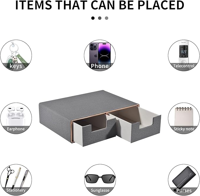 RHCSZ Linen Leather Desk Organizer with Drawers－Mini Desktop Drawer Organizer Stackable－Multifunctional Tabletop Organization Storage Box for Office Supplies Home Vanity Toiletries (Grey, 2-drawers)