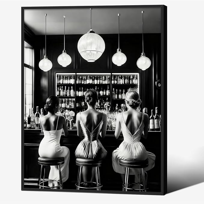 Vintage Black and White Black Framed Wall Art Trendy Women Drink Cocktail