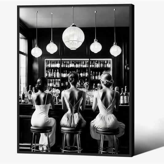 Vintage Black and White Black Framed Wall Art Trendy Women Drink Cocktail