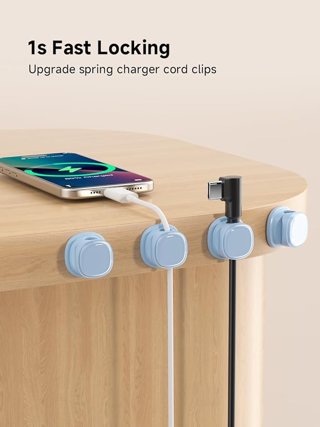 9 Pack Cord Organizer, Spring Cable Management, Adhesive Cute Cable Holder Clips, Phone Charger Wire Keeper for Desk Nightstand Car Office (9-Pack Blue)