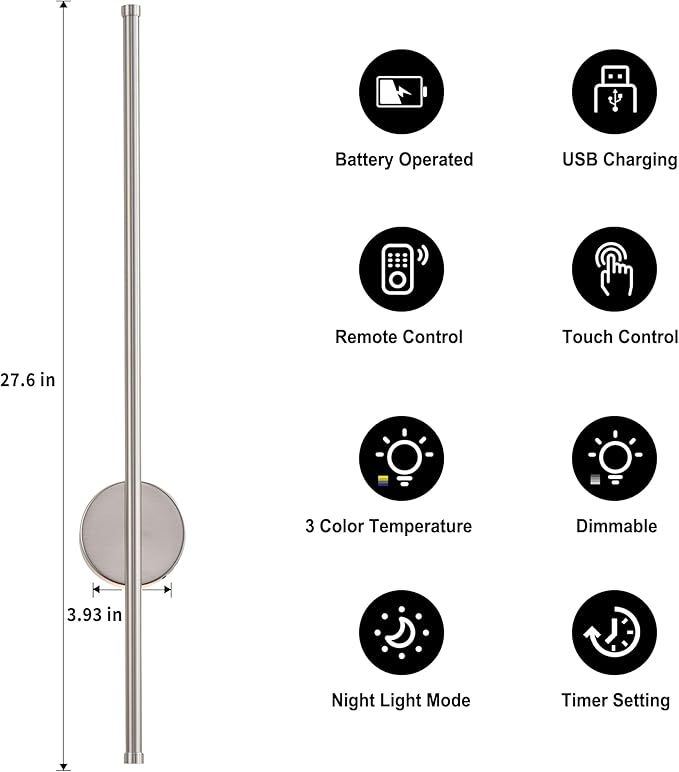 Battery Operated Modern Wall Sconces, Dimmable Wireless Wall Light Set of Two