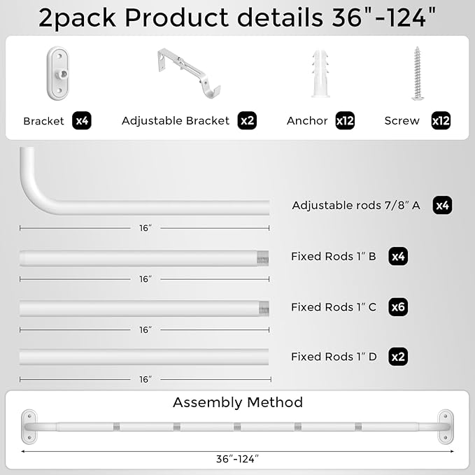 2 Pack Curtain Rods 36-120 Inch, Living Room, Sliding Door