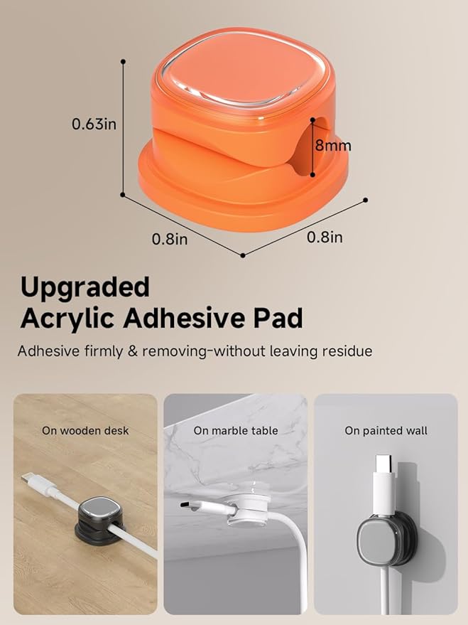 9 Pack Cord Organizer, Spring Cable Management, Adhesive Cute Cable Holder Clips, Phone Charger Wire Keeper for Desk Nightstand Car Office (9-Pack White_Orange_Black)