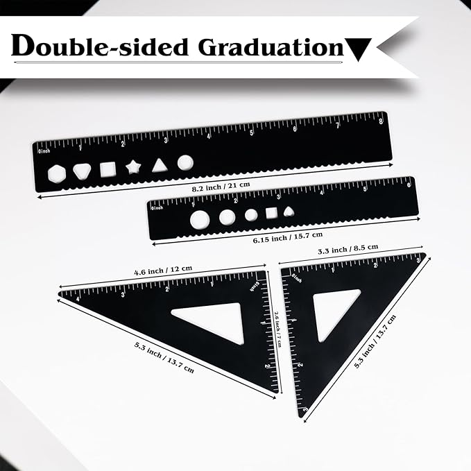 Zotemo 5 Pcs Metal Geometry Set, Math Drafting Ruler Kit- Aluminum Triangle Rulers, Protractor, 8 Inch and 6 Inch Drawing Ruler, Measuring Tool for School and Office (Metric and Imperial, Black)