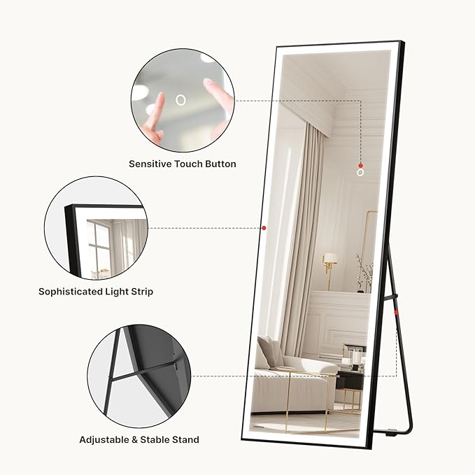 Kosmonia 71x28 Full Length Mirror, Dimmable 3 Color LED Light w/Light Memory