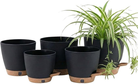 montresor 5-Pack Self-Watering Plastic Plant Pots 5/5.5/6/6.5/7 Inchâ Black Indoor Flower Pots with Wick & Water Tray for Herbs, Succulents, Seedlings, Small Plants