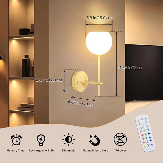 Wood Grain Battery Operated Wall Sconces Set of 2, Rechargeable Wireless Wall