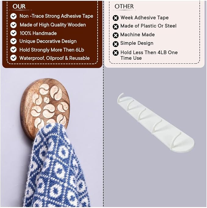 Indian Shelf 6 Lb- 6 Pieces Decorative Wood Adhesive Wall Hooks–Boho Peel and