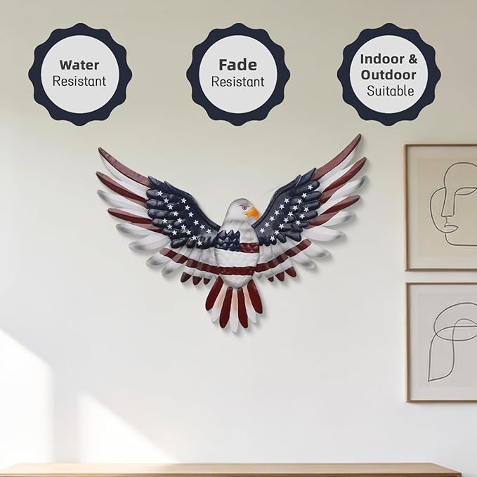 Large American Eagle Patriotic Wall Decor, 4th of July Decoration Metal Wall Art for Independence Day , 24" American Flag Bald Eagle Hanging Sculpture, Handmade Centerpiece for Indoor Bedroom Office Outdoor Decorations