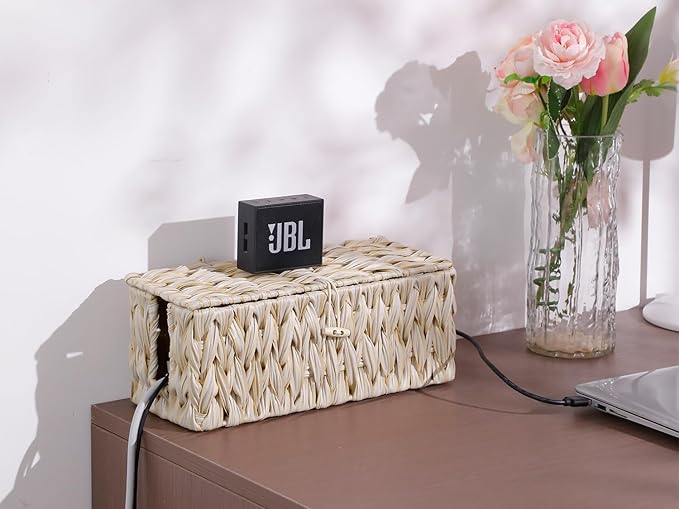 Cable Management Box,Boho Decorative Handwoven 2 Open Slots Cord Organizer Hider Box with Lid for TV Wires, Computer, Router, USB Hub and Under Desk Power Strip