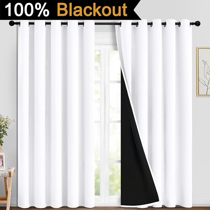 Yakamok Pure White 100% Blackout Curtains, 2 Thick Layers Completely Blackout