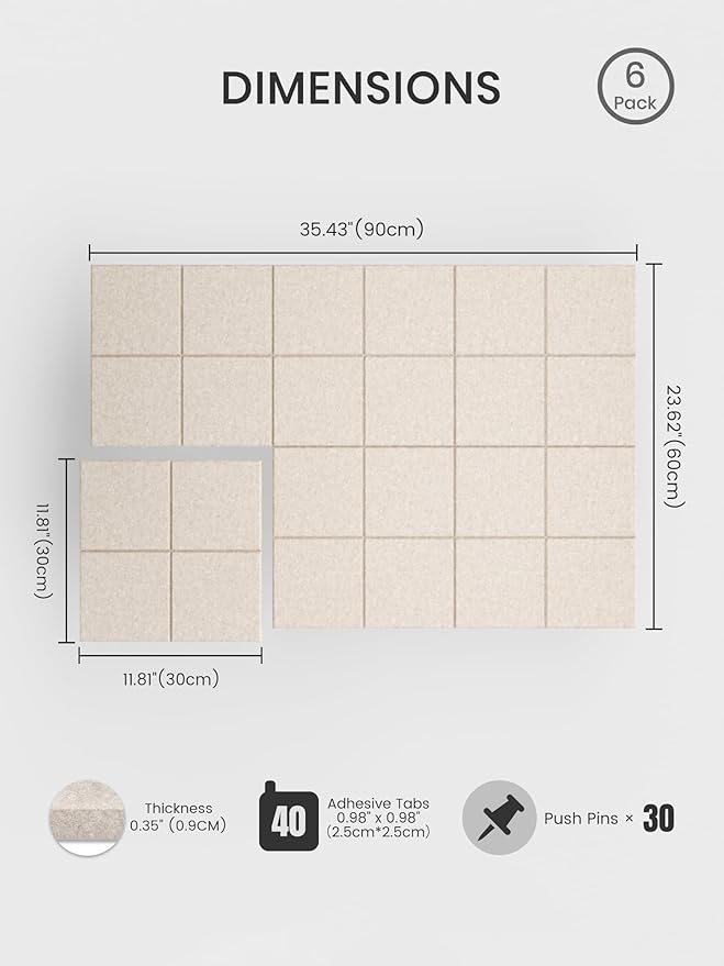 Bumusty Large Felt Bulletin Board, 30 Push Pins, 40 Adhesive Tabs