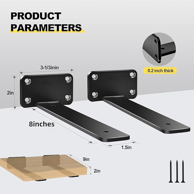 12 Pack - 8 inch Black Hidden L Shelf Bracket Iron Floating Shelf Brackets