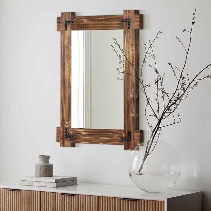 MeMoreCool 36x24 Farmhouse Rustic Wood Framed Bathroom Mirror, 24x36 Inch Wall