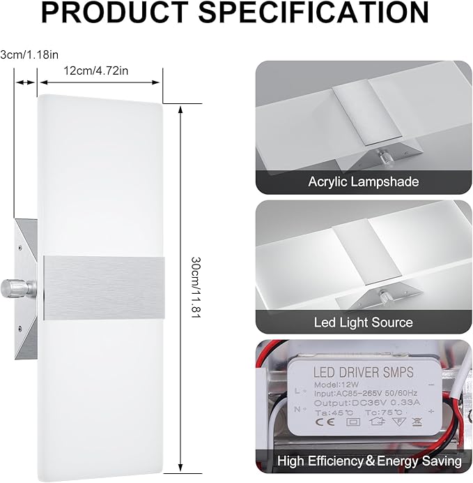 ChangM Modern Wall Sconces Set of Two, 12W Acrylic Led Wall Light, Equipped
