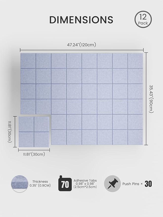 Bumusty Large Felt Bulletin Board, 30 Push Pins, 70 Adhesive Tabs, Soft