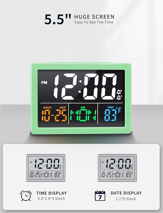 Digital Alarm Clock, with 5.5" Large LED Time Display, Adjustable Alarm Volume, 6 Level Brightness, Alarm Settings, USB Charger, Temperature Detect, Snooze, Clocks for Bedroom, Bedside, Desk, Green