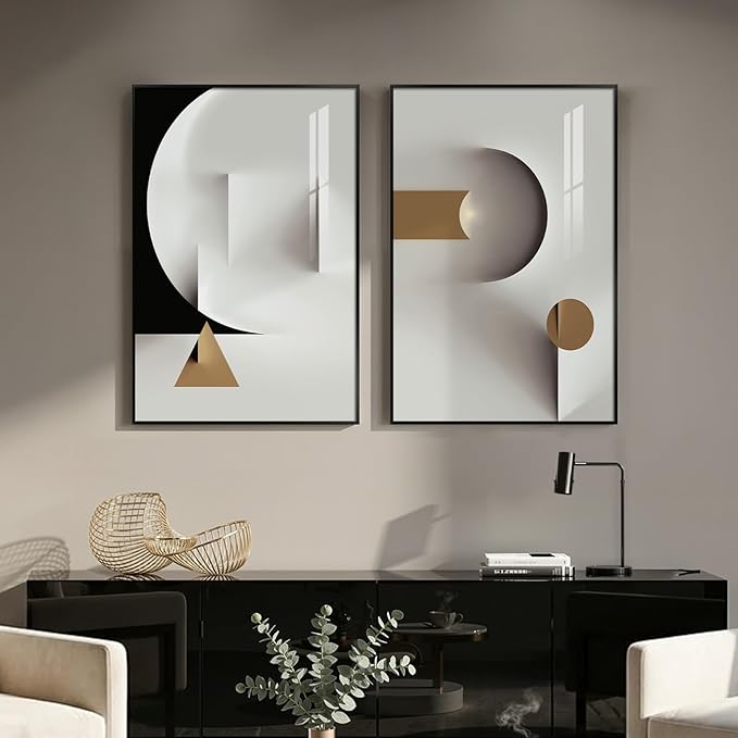 Large Framed Modern Elegant Abstract Wall Art, 2 Piece Black White Gold