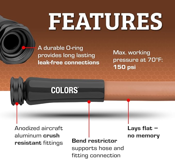 Flexzilla Colors Garden Hose 5/8 in. x 75 ft., Lightweight All-Weather Water Hose, Durable and Flexible, Leak-Free Connections, Red Clay