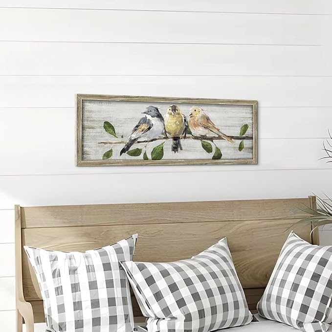 Rustic Bird Wooden Wall Art: Vintage Chickadee Framed Prints Abstract Cute Sparrow Picture Country Chubby Chickadee Painting Artwork Decor for Living Room Bedroom Farmhouse