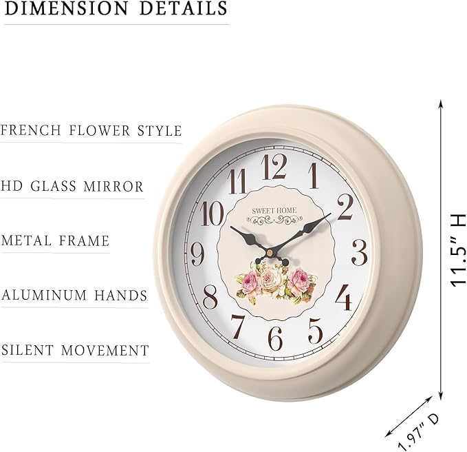 Abdurey Sweet French Rose Style Wall Clock, Battery Operated Silent, Creamy
