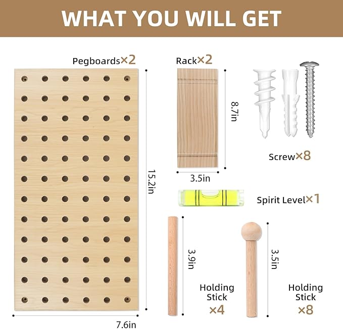 Brown & Beige Wood Pegboard Modular Display Wooden Pegboard Combination Wall