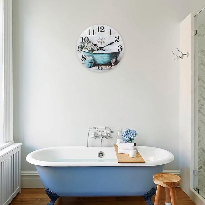 Decorative Bathroom Wall Clock, Rustic Style Waterproof Glass Wall Clock