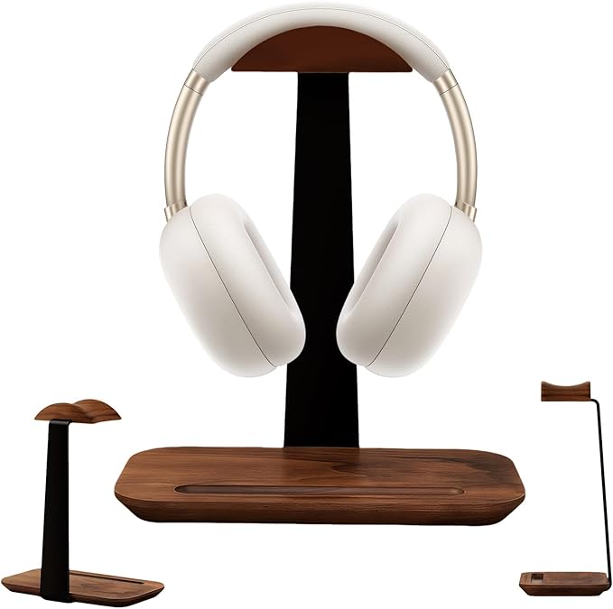 ZHIYUEJING Walnut Wood Headphone Stand,Headphone Rack with Storage Base Plate,Headphones Holder for Study Rooms,Gaming Spaces,Desktop,Office
