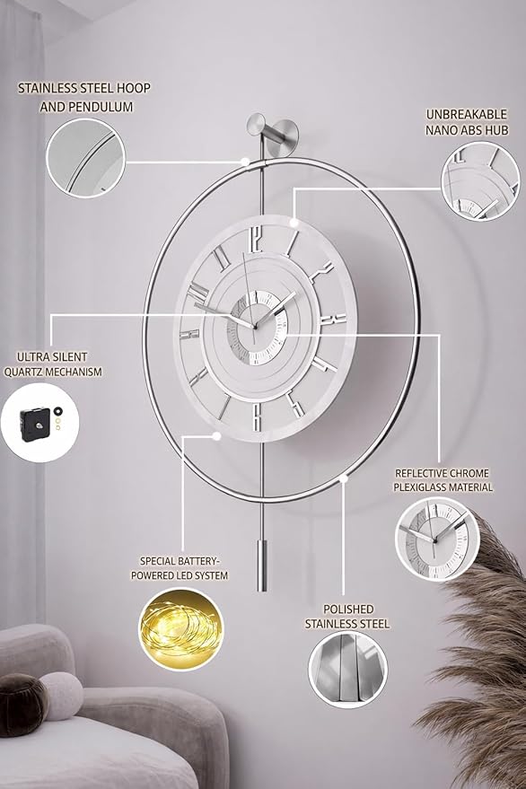 Large Luxury LED Backlit Wall Clock – Pendulum Roman Numeral Metal Ring