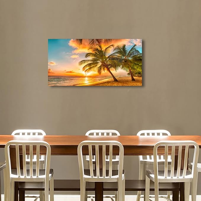 Beach Themed Wall Art Canvas Prints Seascape Picture Bathroom Décor Ocean Tree Sunset Paintings for Living Room Bedroom Office Home Kitchen Decorations Natural Landscape Artwork 20x40 Inches