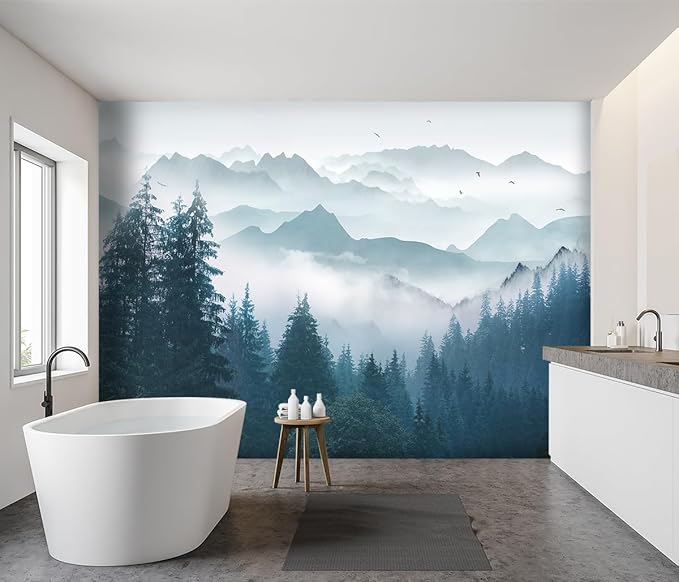 -Foggy Forest Pine Scenery Fabric Wallpaper Living Room Bedroom Bathroom