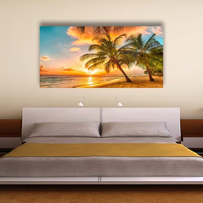 Beach Themed Wall Art Canvas Prints Seascape Picture Bathroom Décor Ocean Tree Sunset Paintings for Living Room Bedroom Office Home Kitchen Decorations 28x57 Wooden Framed Natural Landscape Artwork