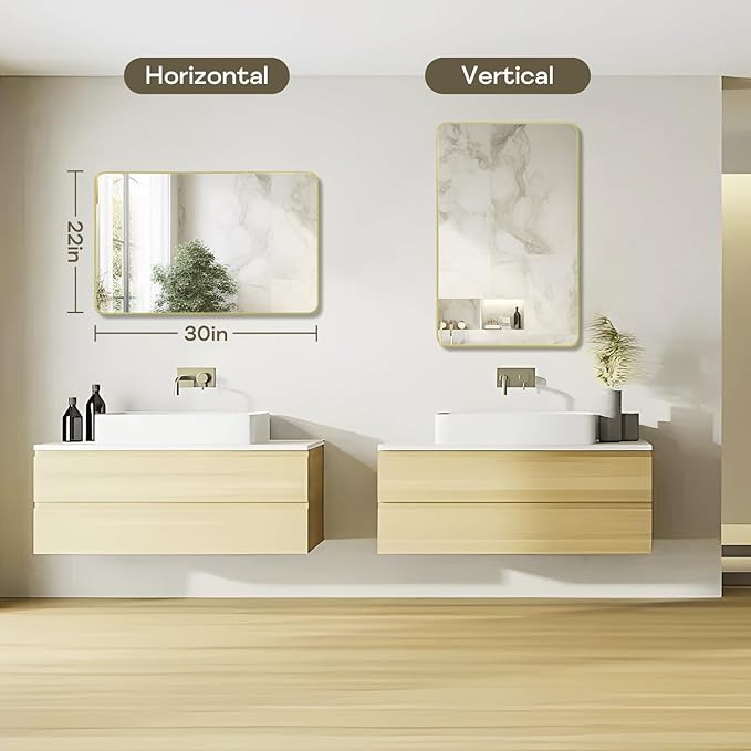 Gold Framed Bathroom Mirror, Brushed Gold Bathroom Vanity Wall Mirror, Rounded