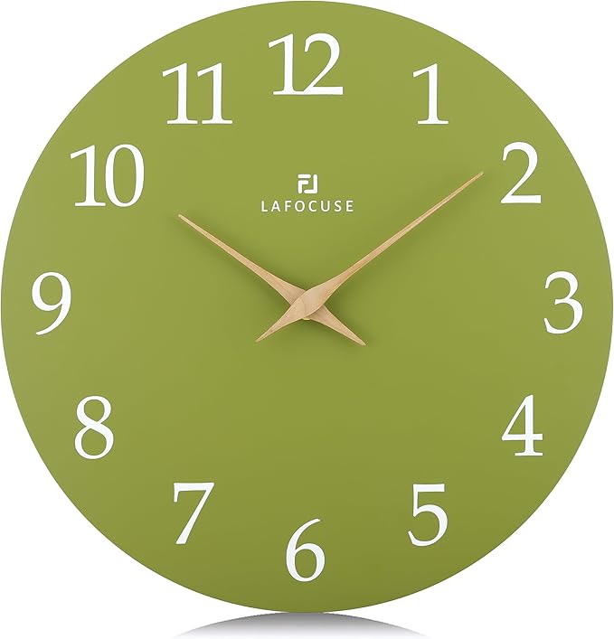 Lafocuse 12 Inch Wooden Olive Green Wall Clock Battery Operated Silent