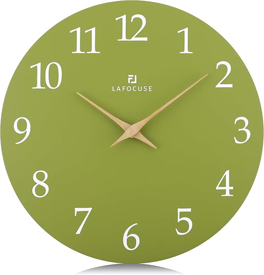 Lafocuse 12 Inch Wooden Olive Green Wall Clock Battery Operated Silent