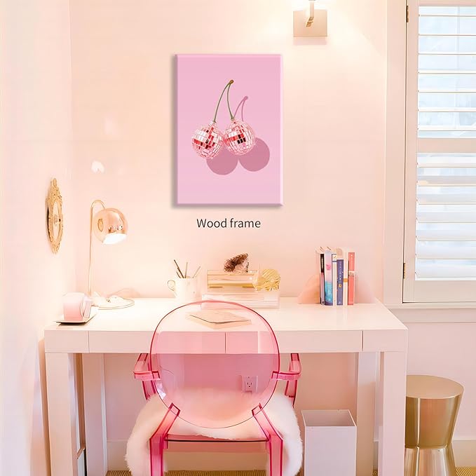 Funky Pink Cherry Poster Retro Disco Ball Canvas Wall Art 24X36 inch Framed