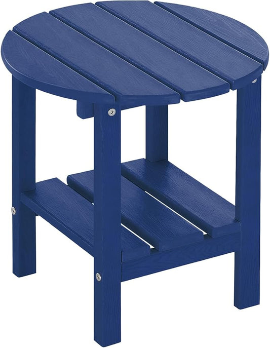Outdoor Side Table Round - Patio Side Tables - HDPE Small Outdoor End Table for Backyard Pool Porch Balcony - Double Layer Storage - Navy (Wood Grain Finish)