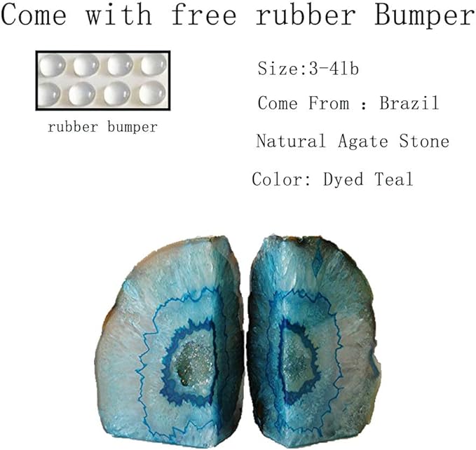 JIC Gem Teal Agate Bookends Geode Book Ends for Bookshelf Decor Decorative Bookends for Shelves Unique Cute Teal Decor with Rubber Bumpers (1 Pair, 3-4 Lbs)