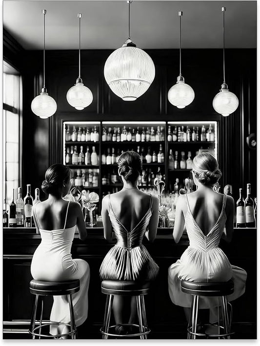 Vintage Black and White Canvas Wall Art Trendy Women Drink Cocktail Posters
