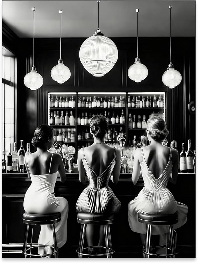 Vintage Black and White Canvas Wall Art Trendy Women Drink Cocktail Posters