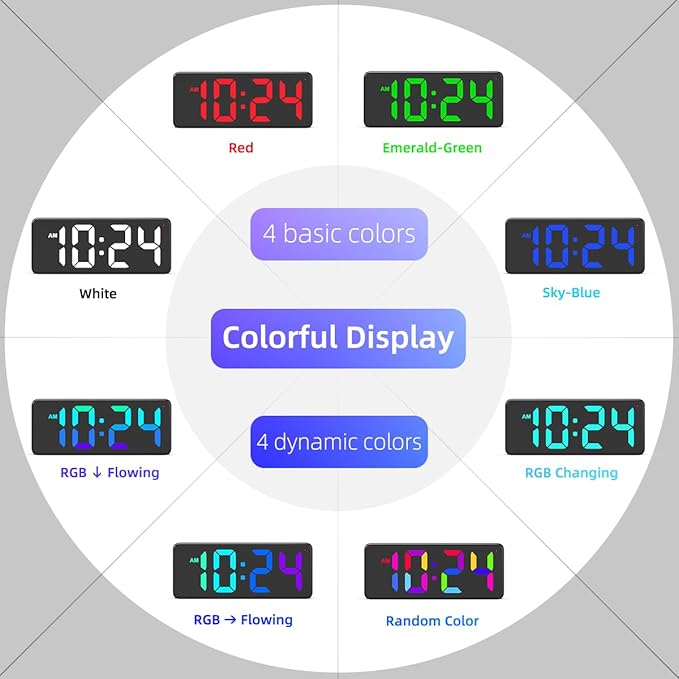 LED Digital Wall Clock with Dynamic RGB Display, Big Digits, Auto-Brightness