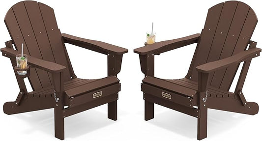 SERWALL Folding Adirondack Chair Set of 2, All Weather Adirondack Chairs with Cup Holder for Patio Garden Outdoors Fire Pit - Coffee