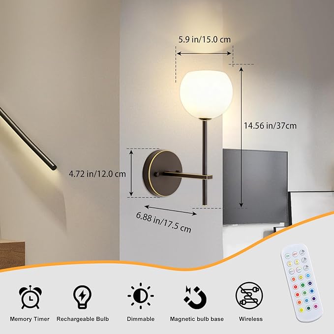 Brown Gold Battery Operated Wall Sconces Set of 2, Rechargeable Wireless Wall