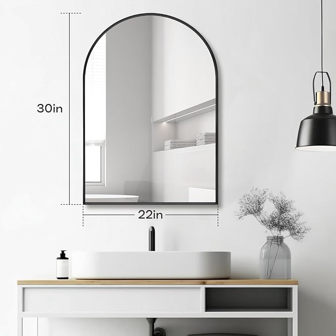 22" x 30" Black Arched Mirror, Arch Wall Mirror, Metal Frame Black Bathroom