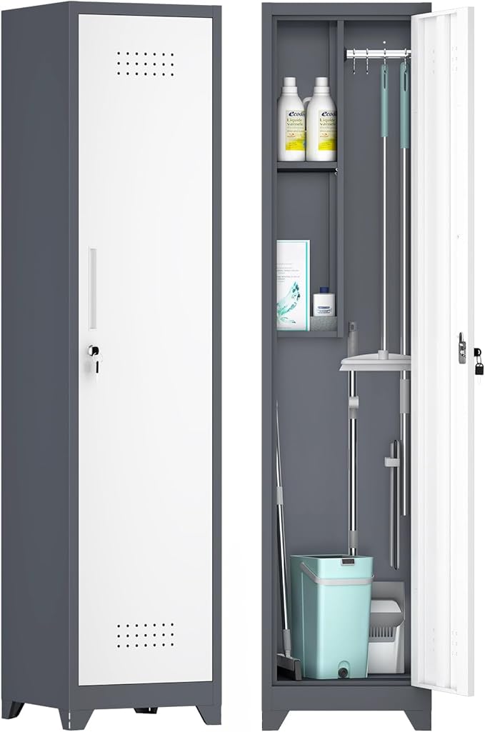 GREATMEET Slim Locking Metal Garage Storage Cabinet, Tall Steel Narrow Broom